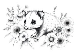 Sweet Virginia opossum with doe eyes surrounded by hellebores, lantana, foxglove and sunflowers with shading tattoo idea