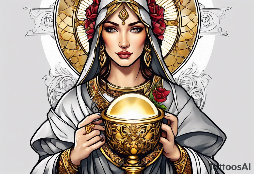 woman saint holding chalice surrounded by golden halo sideways tattoo idea