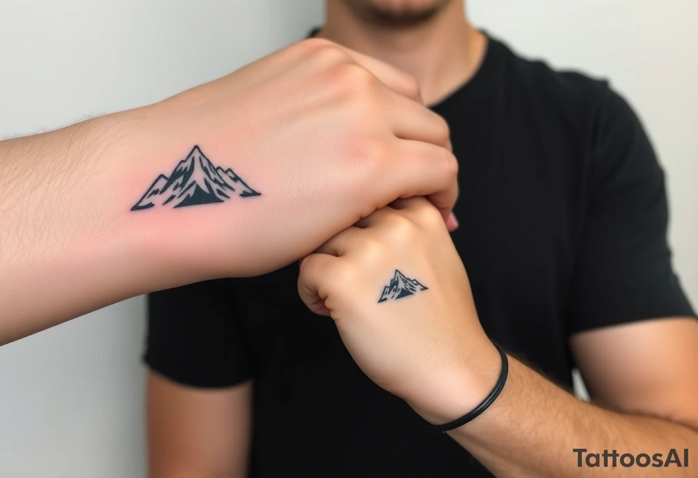 A pair of minimalist black and blue mountain peaks, one tattooed on the father’s forearm and the matching smaller version on the child’s wrist. tattoo idea