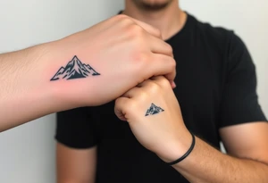 A pair of minimalist black and blue mountain peaks, one tattooed on the father’s forearm and the matching smaller version on the child’s wrist. tattoo idea