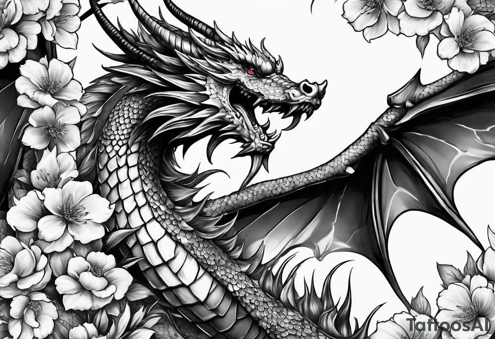 Drache mit Körper und mit Kirschblüten tattoo idea