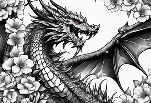 Drache mit Körper und mit Kirschblüten tattoo idea