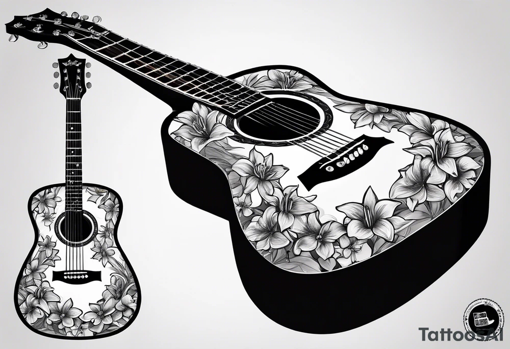 basic black acoustic guitar wrapped with lilies around the neck, with a simple black star on the guitar body. meant for the inside of a woman's bicep tattoo idea