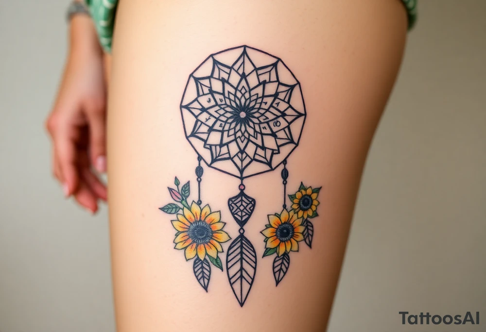 Dreamcatcher with zodiac symbols and protection runes caught in it with tigerlillies roses and sunflowers tattoo idea