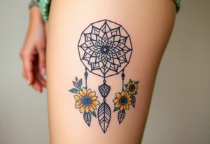 Dreamcatcher with zodiac symbols and protection runes caught in it with tigerlillies roses and sunflowers tattoo idea