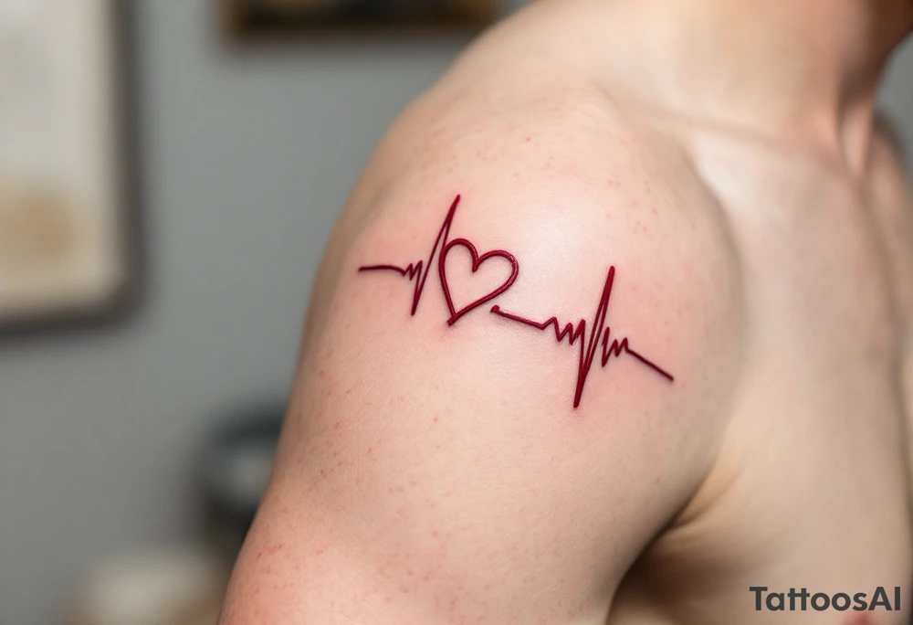 Delicate heartbeat line ending in "Lucie – 06.08.2016 v 2:22" in wine red ink. tattoo idea