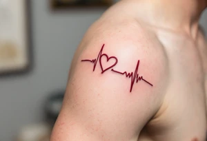 Delicate heartbeat line ending in "Lucie – 06.08.2016 v 2:22" in wine red ink. tattoo idea