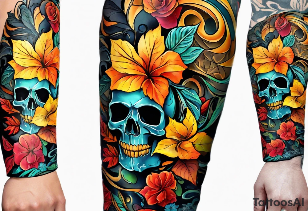 arm sleeve with fall colors, flowers, water flow shapes, leaves and various natural shapes, music notes, skulls tattoo idea