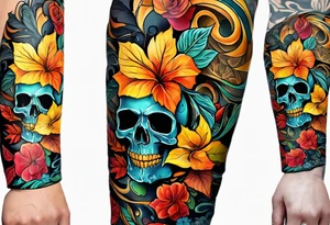 arm sleeve with fall colors, flowers, water flow shapes, leaves and various natural shapes, music notes, skulls tattoo idea