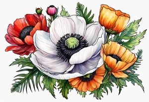 a white anemone with black center with thistles, ferns, ranuculus, sun flowers, red flowers, pink flowers, orange flowers, yellow flowers in watercolor tattoo idea