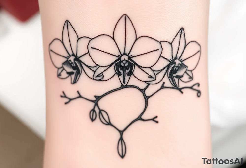 3 delicate fine line orchids realistic with a mix with vagina and branching tattoo idea