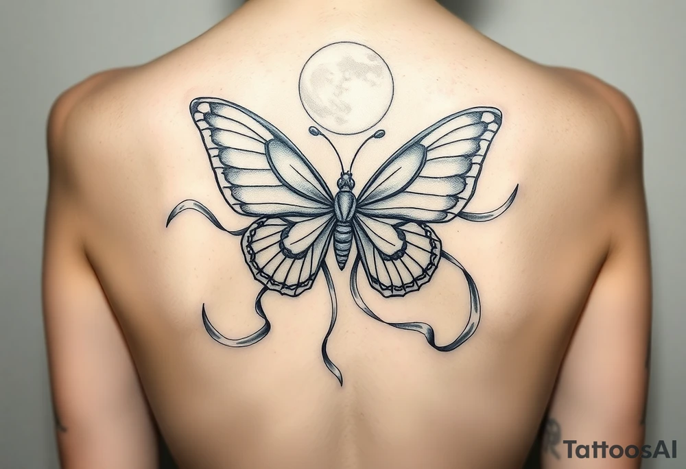ethereal butterfly with flowing silk ribbons in moonlight tattoo idea