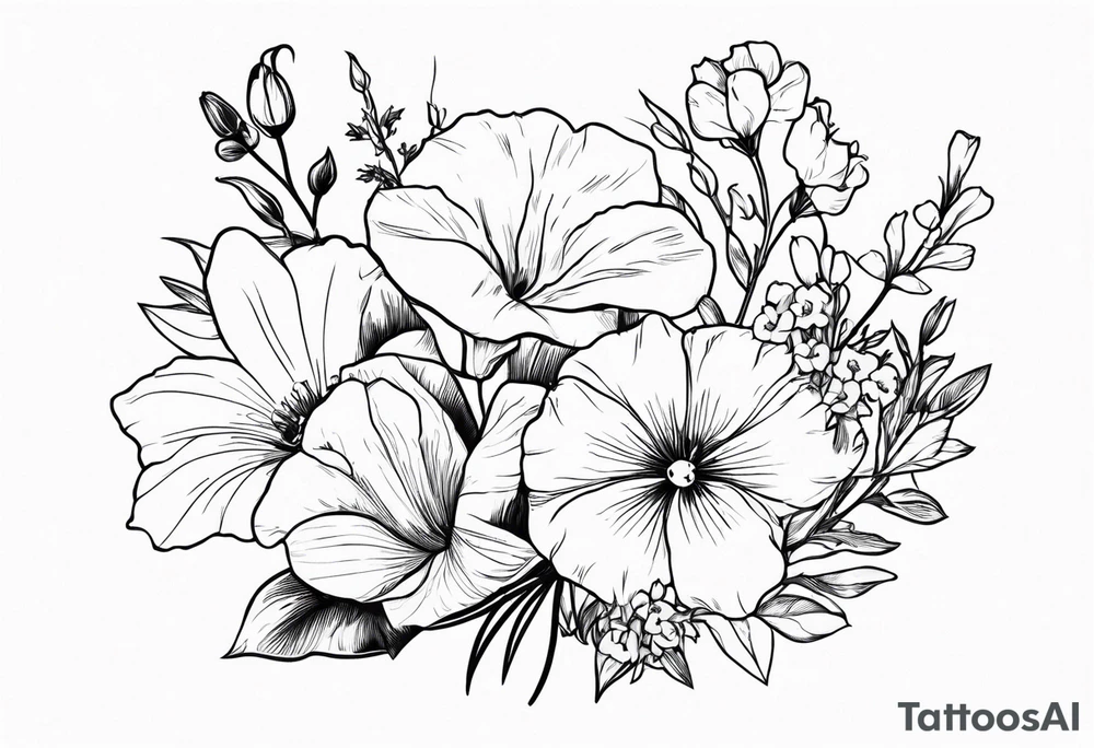 flower bouquet including sweet pea, larkspur, morning glory and cosmos tattoo idea