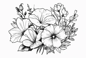 flower bouquet including sweet pea, larkspur, morning glory and cosmos tattoo idea