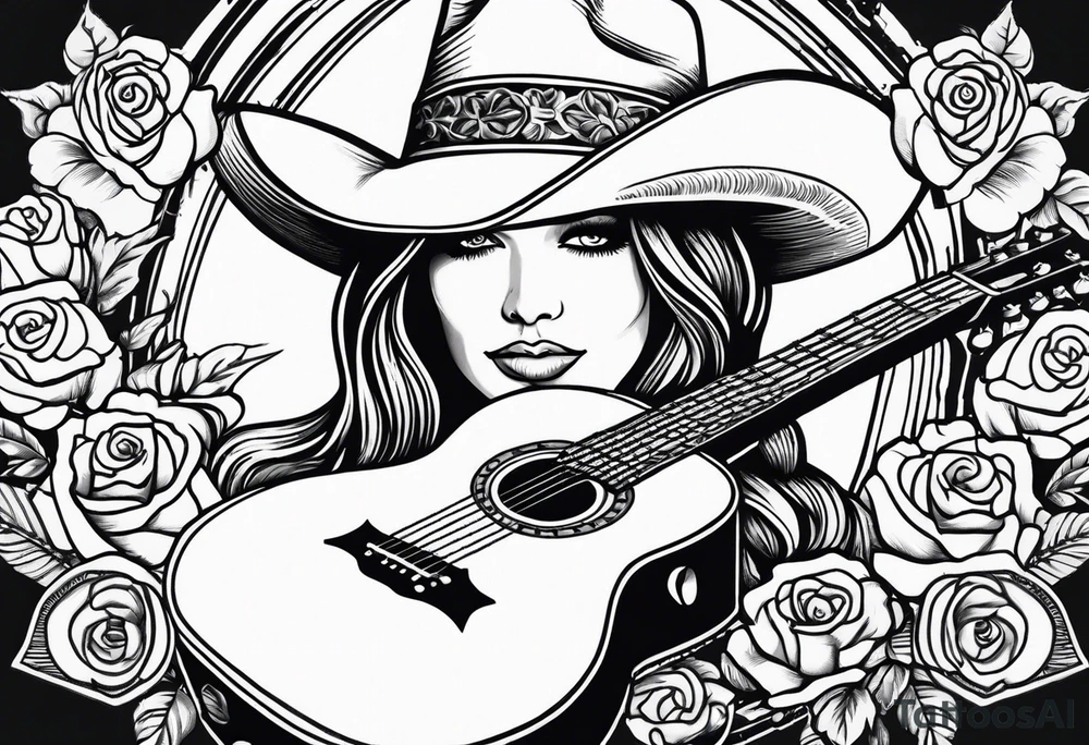 Country acoustic guitar with cowboy hat, barbed wire and roses in background tattoo idea