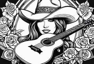 Country acoustic guitar with cowboy hat, barbed wire and roses in background tattoo idea