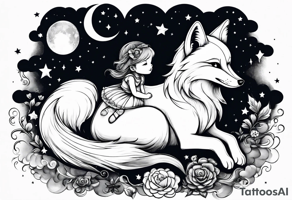 little girl with a fox sit on  a cloud and look at the stars tattoo idea