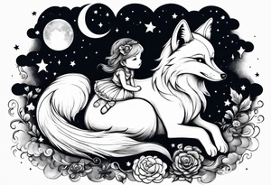 little girl with a fox sit on  a cloud and look at the stars tattoo idea