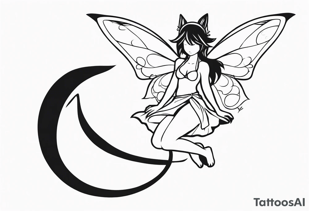 No color sketch of a fairy with a tail inspired by the guild symbol in the anime show called Fairy Tail in a fetal position leaning in and forward while crawled in hugging herself floating tattoo idea