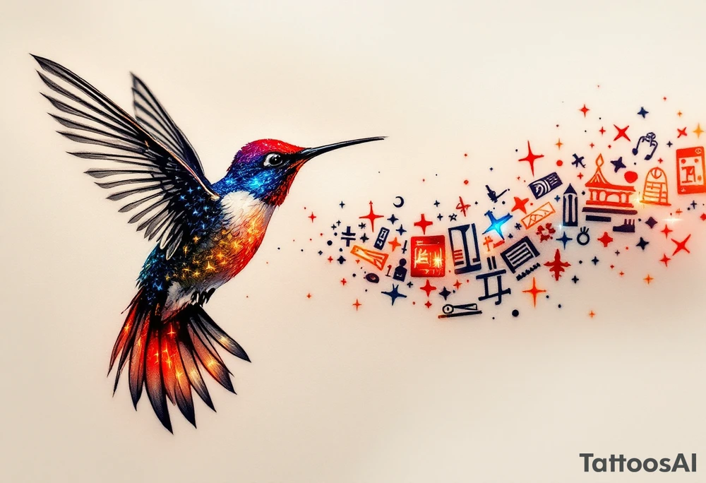 A hummingbird leaving a trail of glowing hieroglyphs as it flies(only red, blue and black are possible colors) tattoo idea