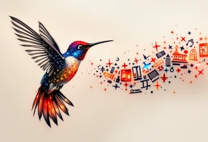 A hummingbird leaving a trail of glowing hieroglyphs as it flies(only red, blue and black are possible colors) tattoo idea