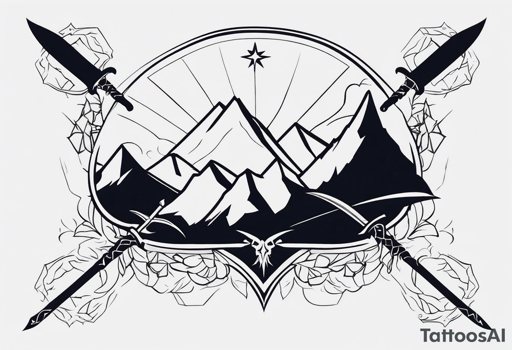 complete upper arm sleeve. Feature three mountain side by side, with 3 stars above them from a court of thorns and roses. crossed swords, integrating with abstract, sword patterns that evoke the Valkyrie spirit like nesta from a court of silver flames. Keep the design in clean, simple lines. tattoo idea