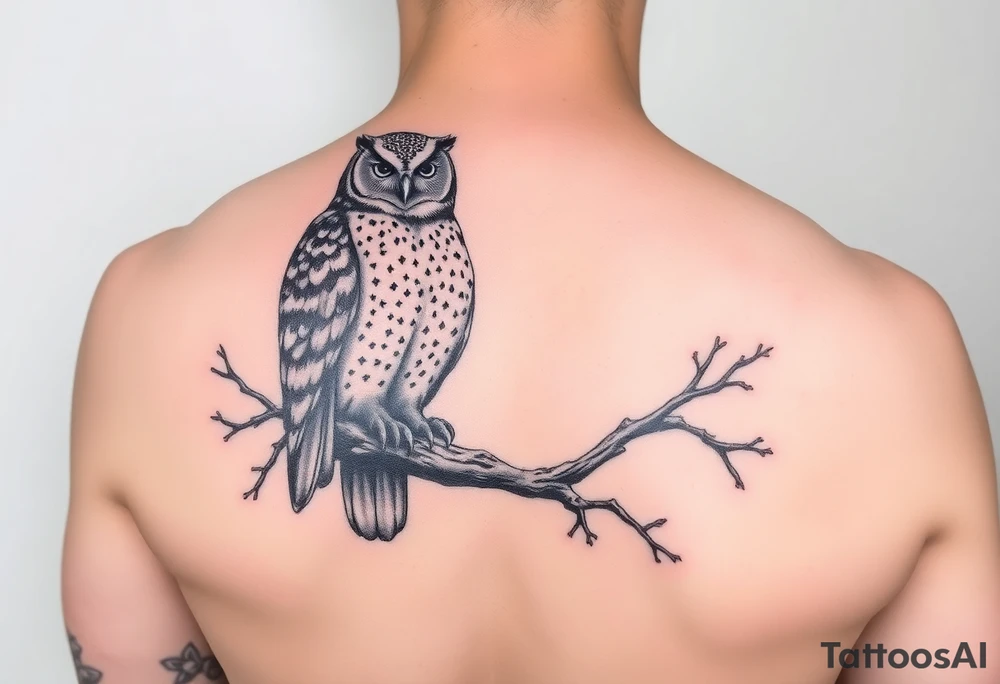 wise owl perched on ancient oak branch under starlit sky tattoo idea