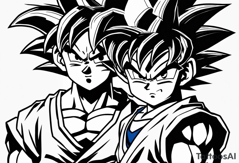 little Son-Goku in the foreground and an older version of him as a super sayin behind him tattoo idea