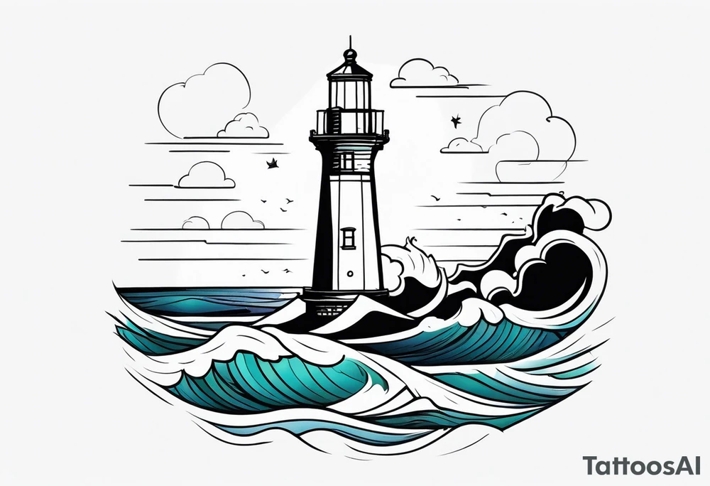 lighthouse at the ocean and waves, minimalist, fine line tattoo idea
