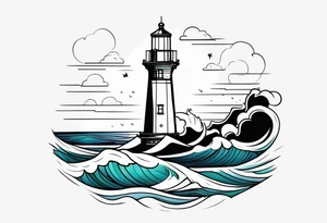 lighthouse at the ocean and waves, minimalist, fine line tattoo idea