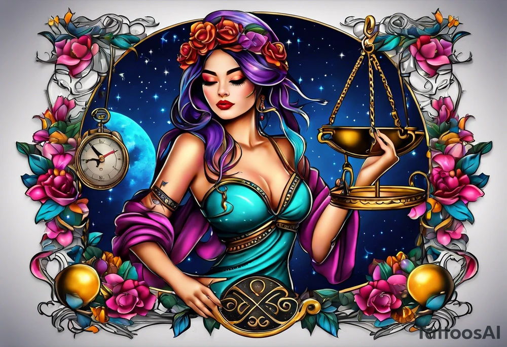 Beautiful woman blindfolded holding the libra scales, in the background is the libra constellation with a halfmoon surrounding half of the woman. The scales hang from the bottom of the half moon. Vibrant colors intensify the picture tattoo idea