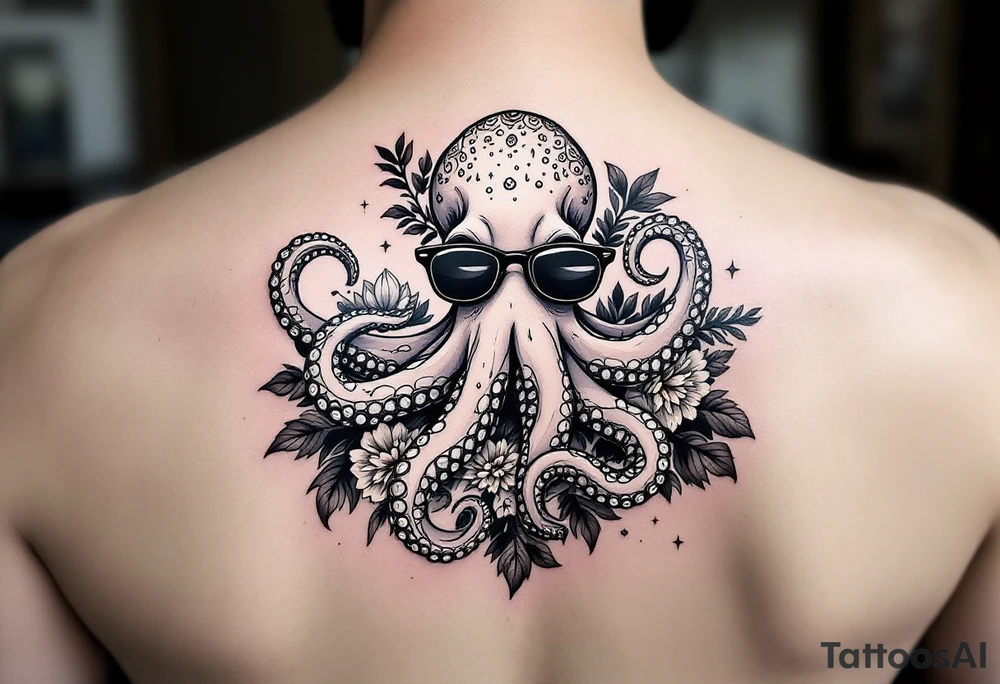 cute octopus, surrounded by floral ornaments and oceanic items, wearing sunglasses tattoo idea