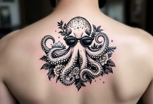 cute octopus, surrounded by floral ornaments and oceanic items, wearing sunglasses tattoo idea
