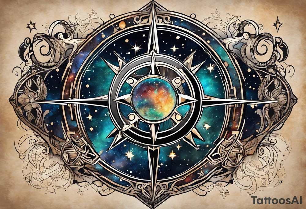 Matter, energy, space and time with an old stone theta symbol with stars in the background and Scorpio constellation tattoo idea