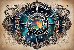 Matter, energy, space and time with an old stone theta symbol with stars in the background and Scorpio constellation tattoo idea