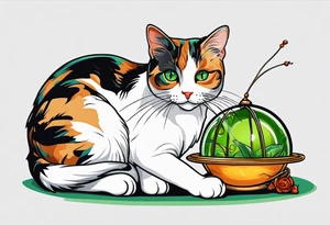 Calico cat with green eyes playing with a grasshopper toy tattoo idea