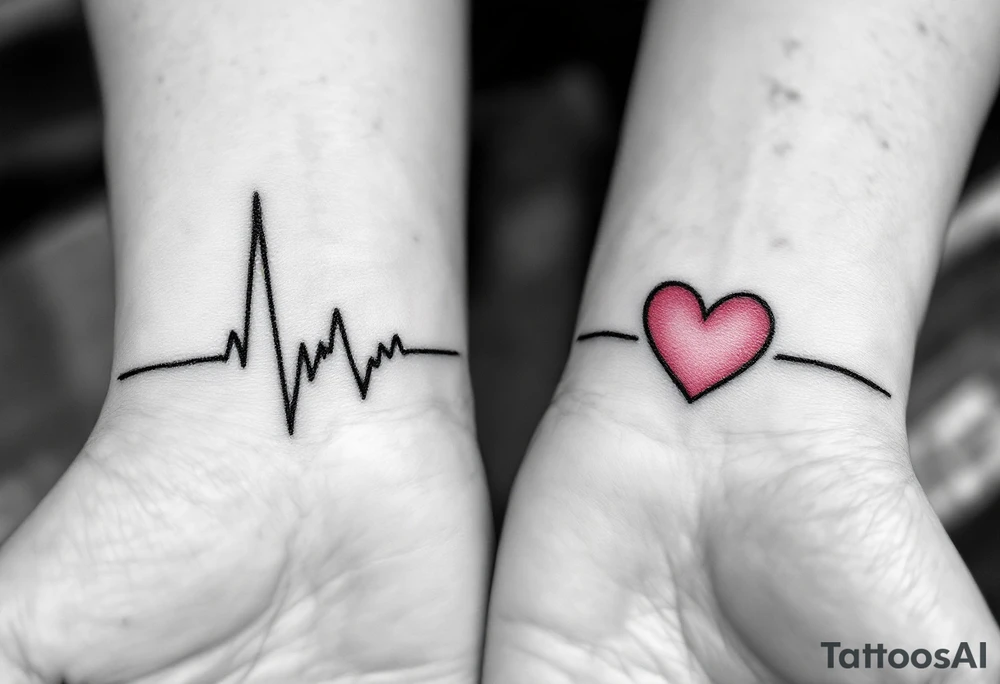 A heartbeat line turning into a pink heart on one and a matching red heart fading into a heartbeat on the other. tattoo idea