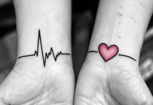 A heartbeat line turning into a pink heart on one and a matching red heart fading into a heartbeat on the other. tattoo idea