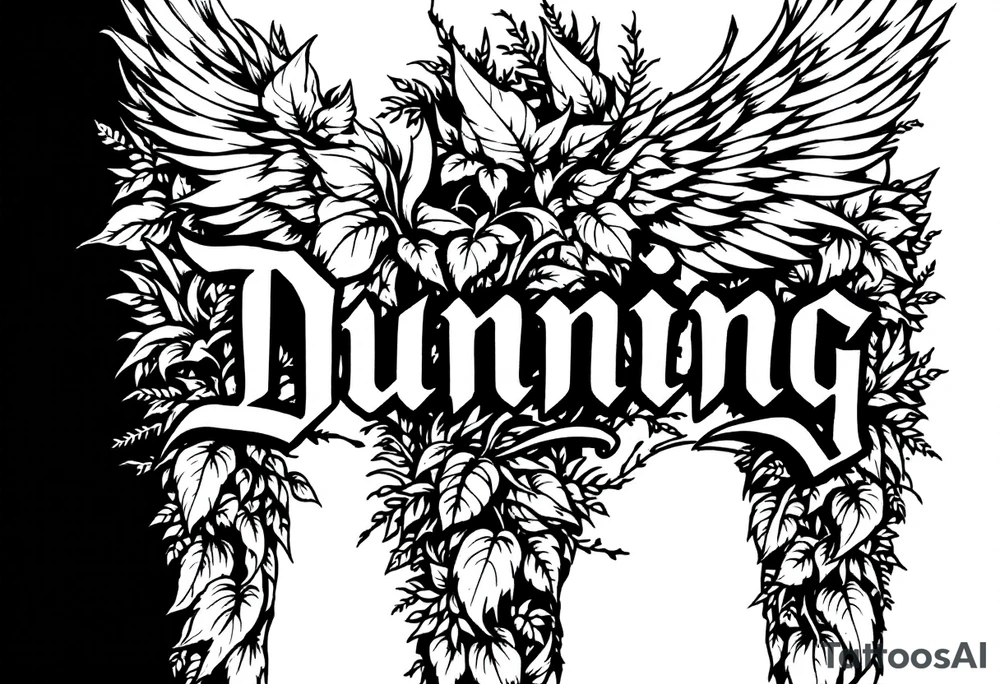 Dunning, left forearm details include angel wing, greek type of font,jungle leaves, name is big and in white color tattoo idea