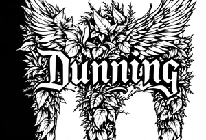 Dunning, left forearm details include angel wing, greek type of font,jungle leaves, name is big and in white color tattoo idea