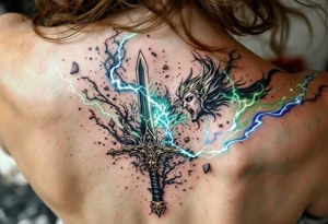 Thor’s epic battle against Hela, with shattered swords around him, glowing green energy clashing with his blue lightning, in a cinematic full-color piece. tattoo idea