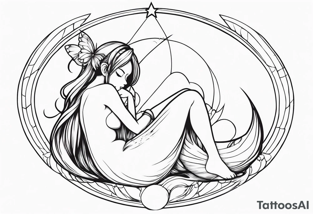 No color fairy with a tail inspired by the anime show called Fairy Tail in a fetal position leaning in and forward while sleeping tattoo idea