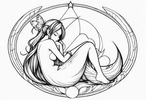 No color fairy with a tail inspired by the anime show called Fairy Tail in a fetal position leaning in and forward while sleeping tattoo idea