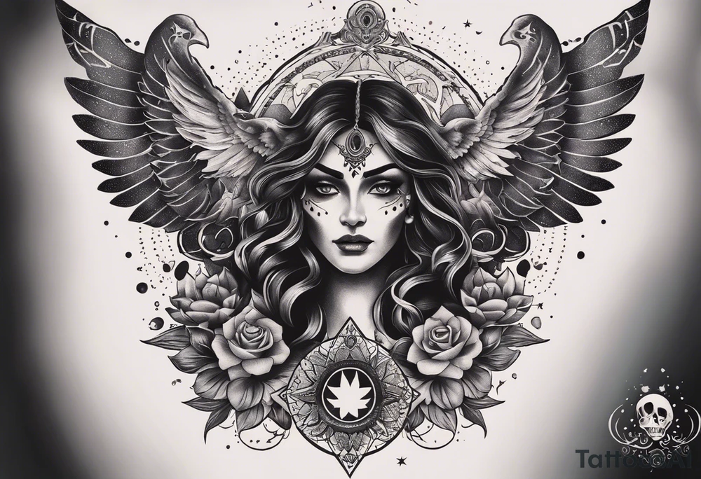 black kali, goddess pirate, alien, angel, pachamama, valkrye, warrior, flying, skull, lotus azul, wing, eagle, zenza resonance, stars, 5D, anahata chakra, death, durga, riding on a tiger, flying lady, kundalini, chest tatoo, rebel tattoo idea