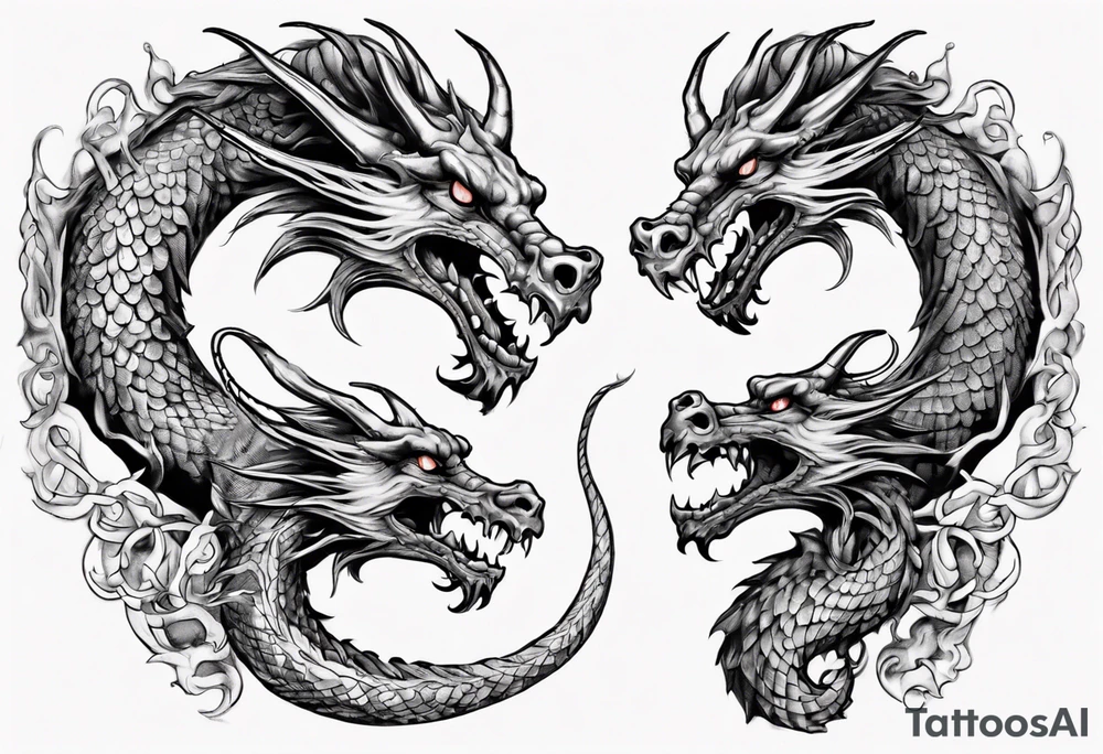 a long dragon intertwined along the arm with horns, mane, scales tattoo idea
