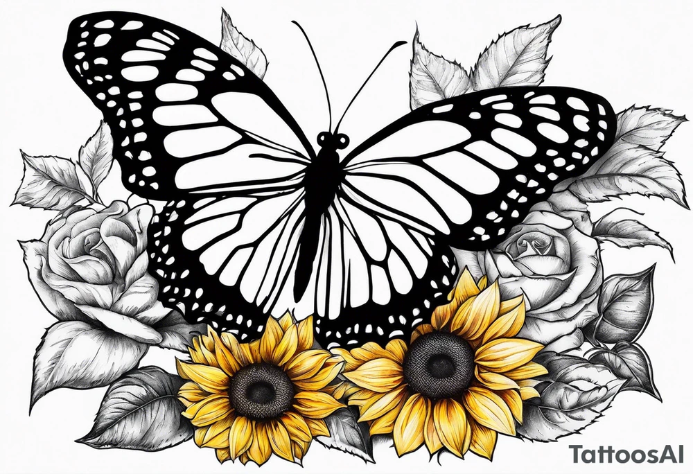 Butterfly sur sunflower et rose flower et bleu flower rose en dessous un livre qui est à  côté d'une camera tattoo idea