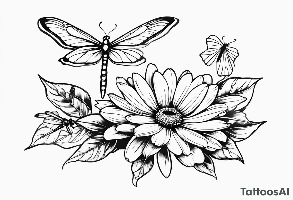 Daisy flower  and butterfly with dragon fly tattoo idea
