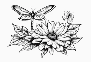 Daisy flower  and butterfly with dragon fly tattoo idea