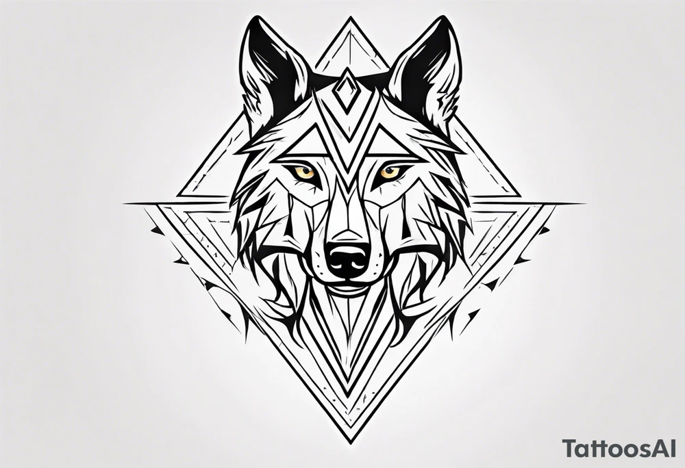 wolf head with triangle on the forehead and triangle in the background tattoo idea
