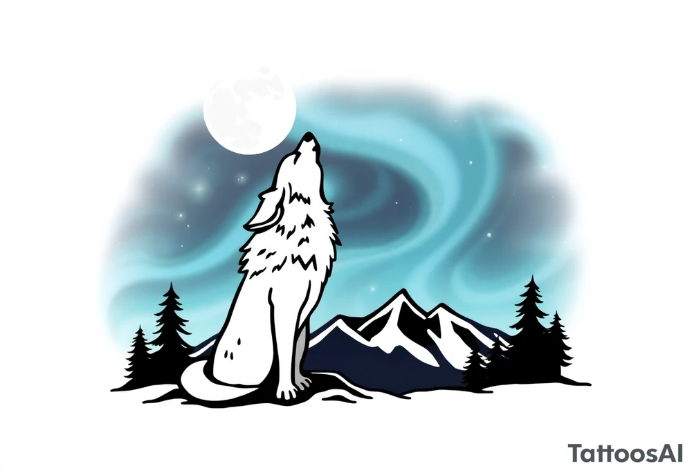 lone wolf howling at full moon with northern lights backdrop tattoo idea